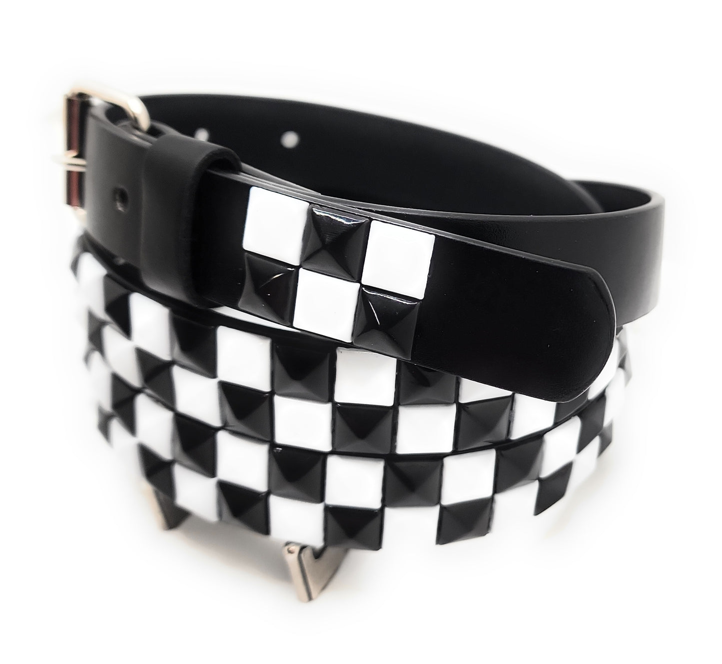 White and Black Checker 2-Row Pyramid Studded Belt Punk