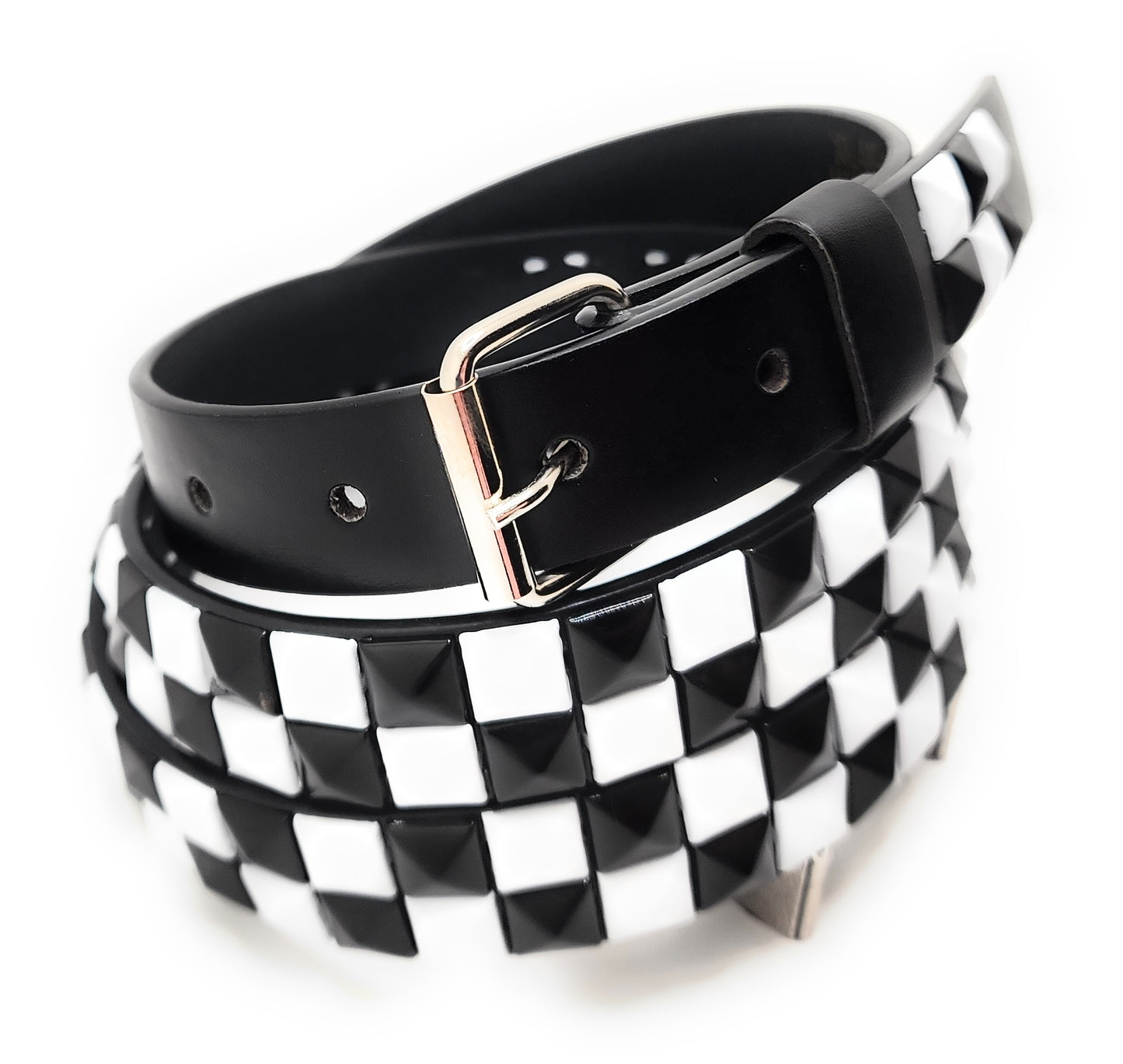White and Black Checker 2-Row Pyramid Studded Belt Punk