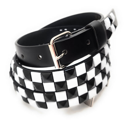 White and Black Checker 2-Row Pyramid Studded Belt Punk