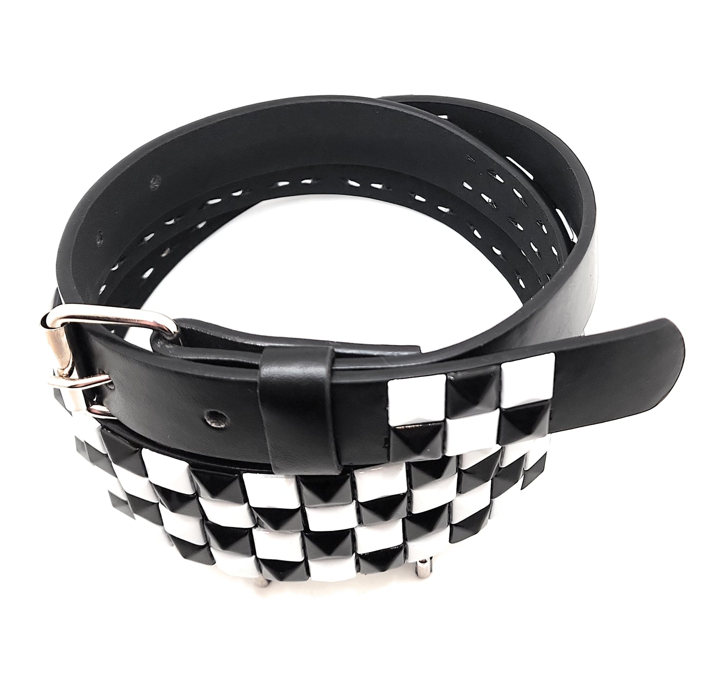 White and Black Checker 2-Row Pyramid Studded Belt Punk