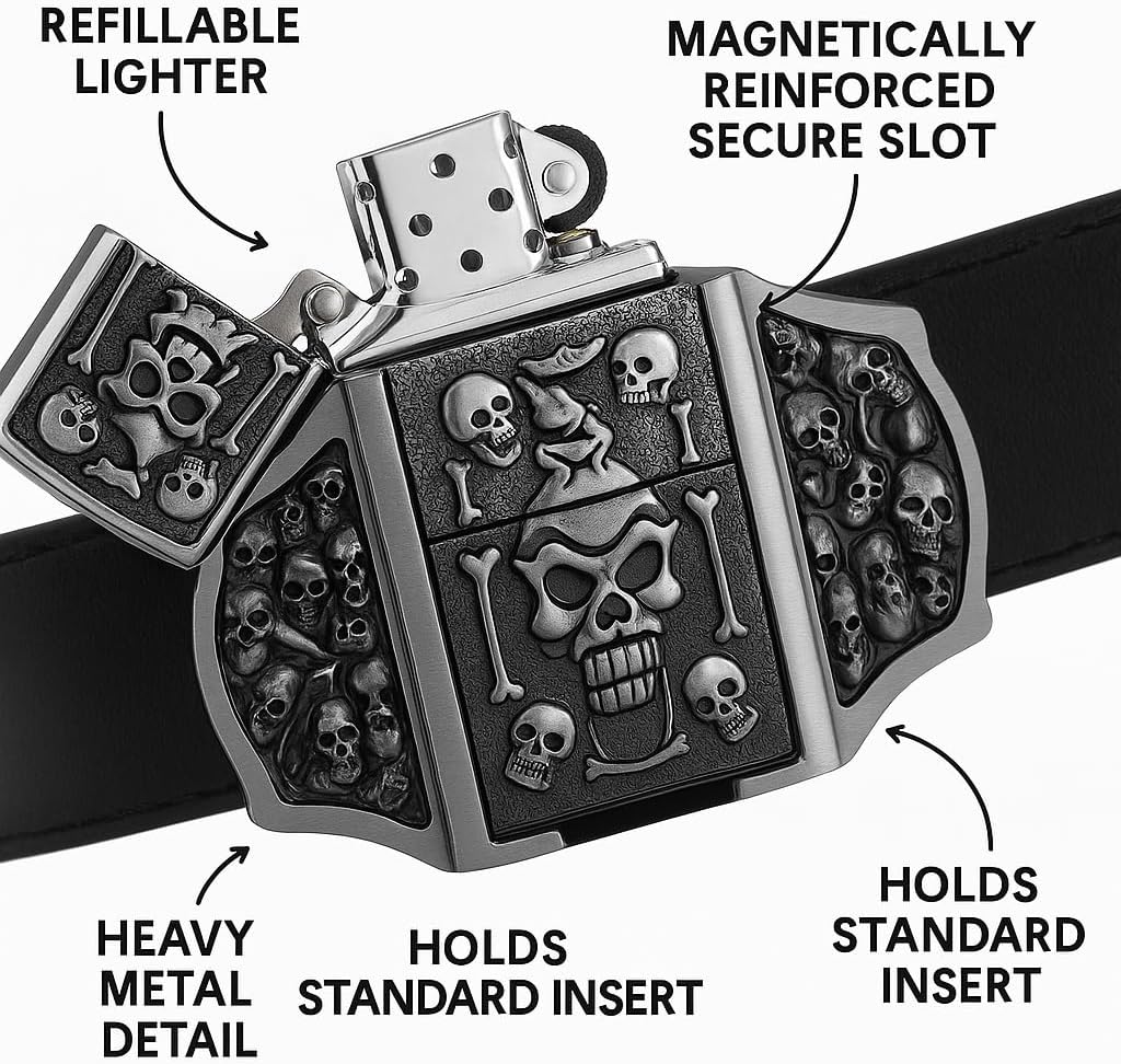 Skulls & Fangs Belt Buckle with Hidden Lighter – Gothic Heavy Metal Accessory for Men – Skull Flame Design – Functional Novelty Gift for Bikers, Rockers, Punk & Goth Styles