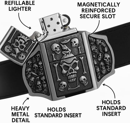 Skulls & Fangs Belt Buckle with Hidden Lighter – Gothic Heavy Metal Accessory for Men – Skull Flame Design – Functional Novelty Gift for Bikers, Rockers, Punk & Goth Styles