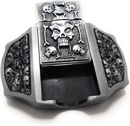 Skulls & Fangs Belt Buckle with Hidden Lighter – Gothic Heavy Metal Accessory for Men – Skull Flame Design – Functional Novelty Gift for Bikers, Rockers, Punk & Goth Styles