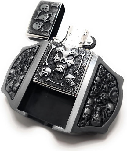Skulls & Fangs Belt Buckle with Hidden Lighter – Gothic Heavy Metal Accessory for Men – Skull Flame Design – Functional Novelty Gift for Bikers, Rockers, Punk & Goth Styles