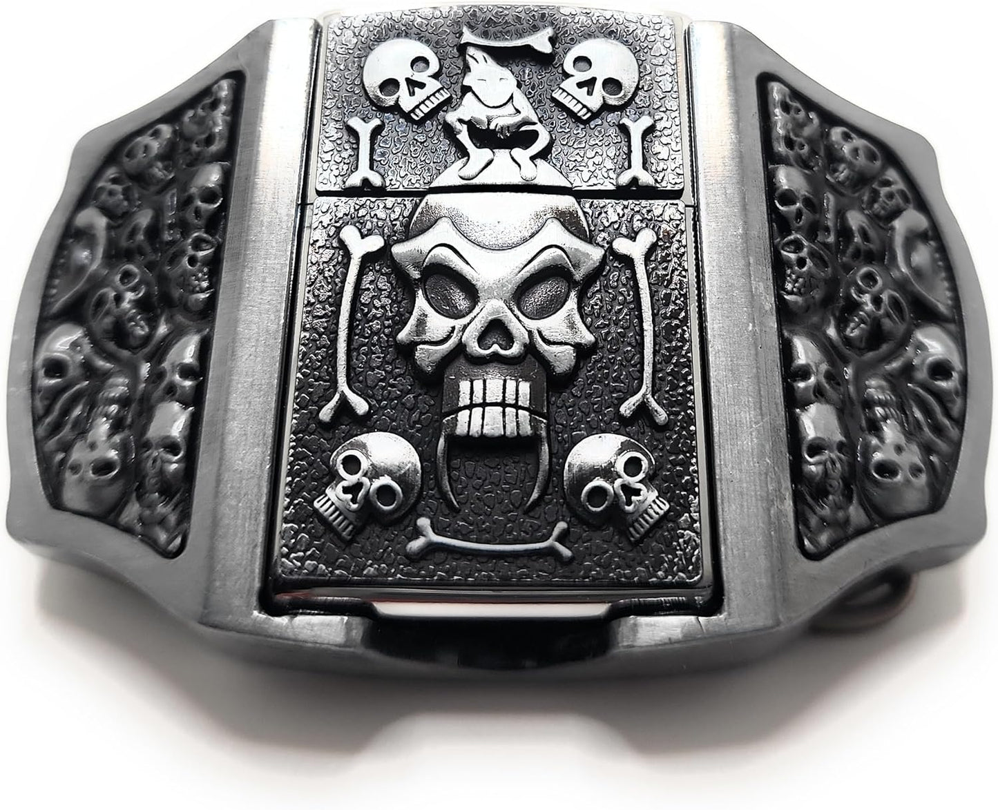 Skulls & Fangs Belt Buckle with Hidden Lighter – Gothic Heavy Metal Accessory for Men – Skull Flame Design – Functional Novelty Gift for Bikers, Rockers, Punk & Goth Styles