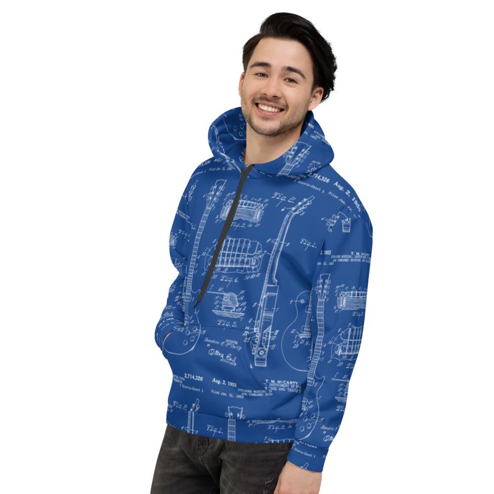 All-Over Guitar Patent Print Blue Hoodie shop.AxeDr.com All-Over-Print, AxeDr., AxeDr. Guitar Tees & Hoodies, Guitar, Hoodies, reverbsync:off