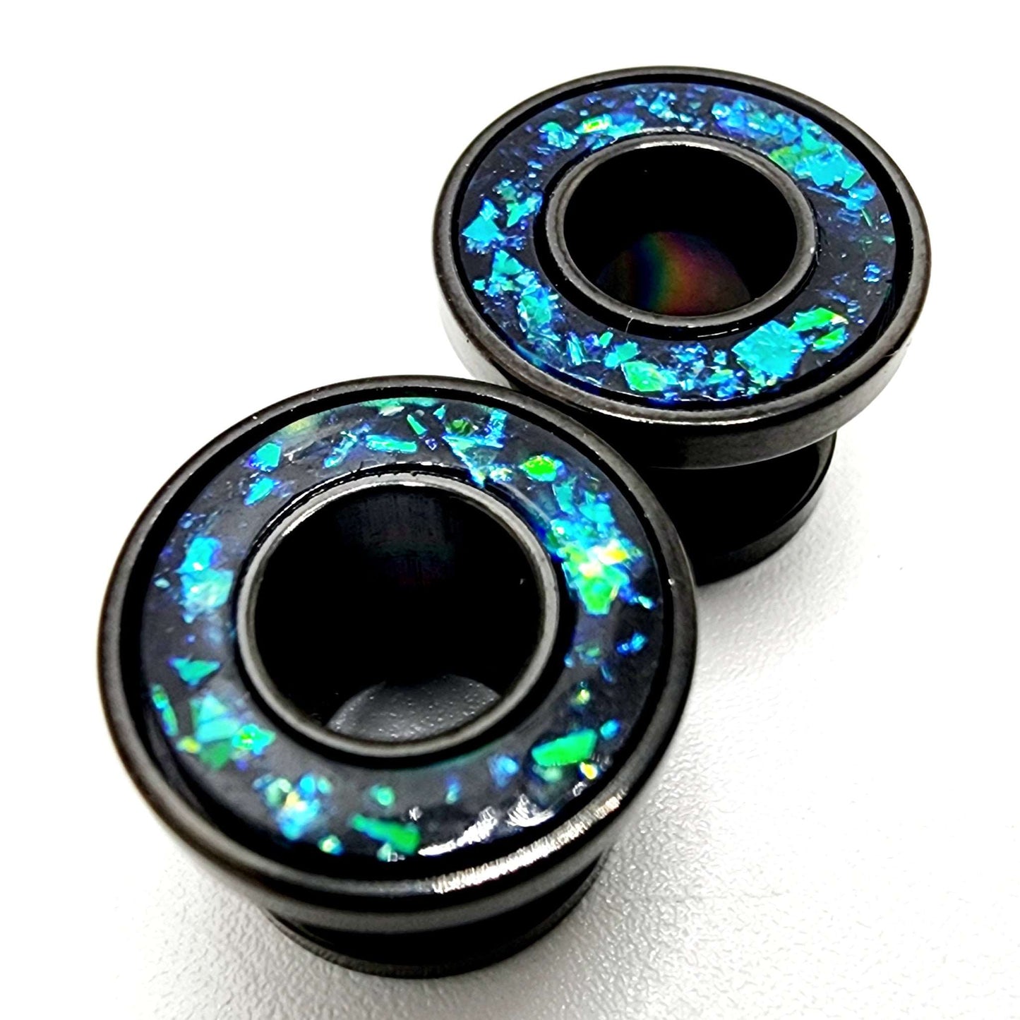 Blue/Green Opal & Black Ear Tunnels shop.AxeDr.com Body Jewelry, Ear Guages, Ear Tunnels, Plugs