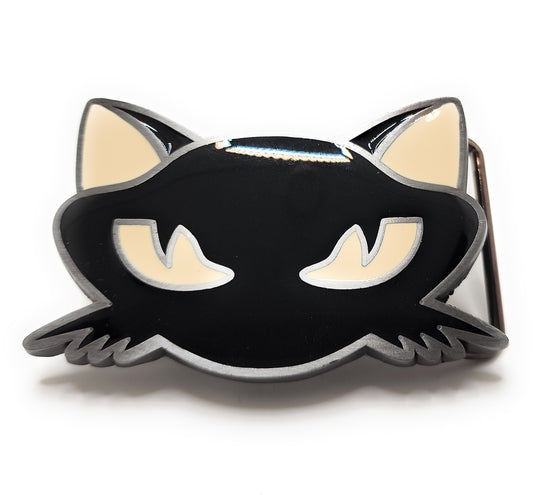 Black Cat Eyes Belt Buckle – Gothic Witchy Halloween Accessory, Enamel Anime Cat Face for Cat Lovers
