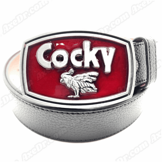 Cocky Belt Buckle w/ Vegan Leather Snap Button Belt shop.AxeDr.com Belt Buckle, Belt with Buckle, Bones, Buckles with Belt, Cocky, Funny, Funny Belt Buckle, Gag Gift, 