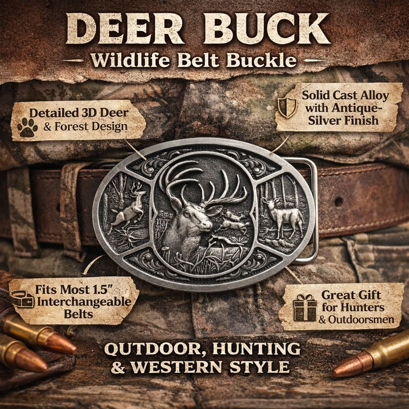 Silver Deer Motif Classic Wildlife Belt Buckle - Eleven Point Buck and Doe Woods Scene