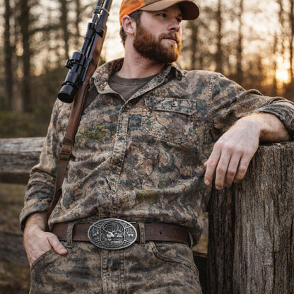 Silver Deer Motif Classic Wildlife Belt Buckle - Eleven Point Buck and Doe Woods Scene