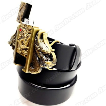 Dual Dragons Gold Lighter Belt Buckle and Genuine Leather Belt shop.AxeDr.com Buckles with Belt, Genuine Leather