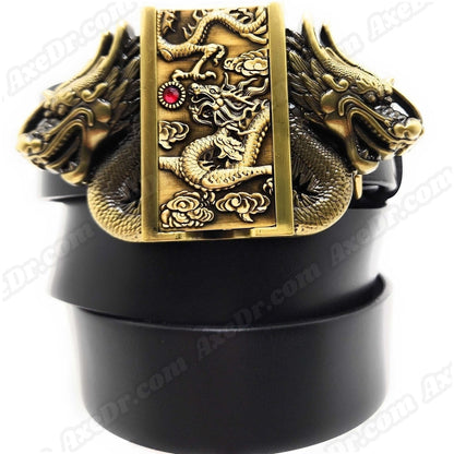 Dual Dragons Gold Lighter Belt Buckle and Genuine Leather Belt