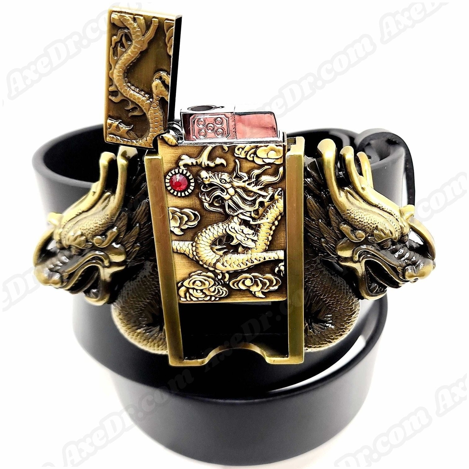 Dual Dragons Gold Lighter Belt Buckle and Genuine Leather Belt shop.AxeDr.com Buckles with Belt, Genuine Leather