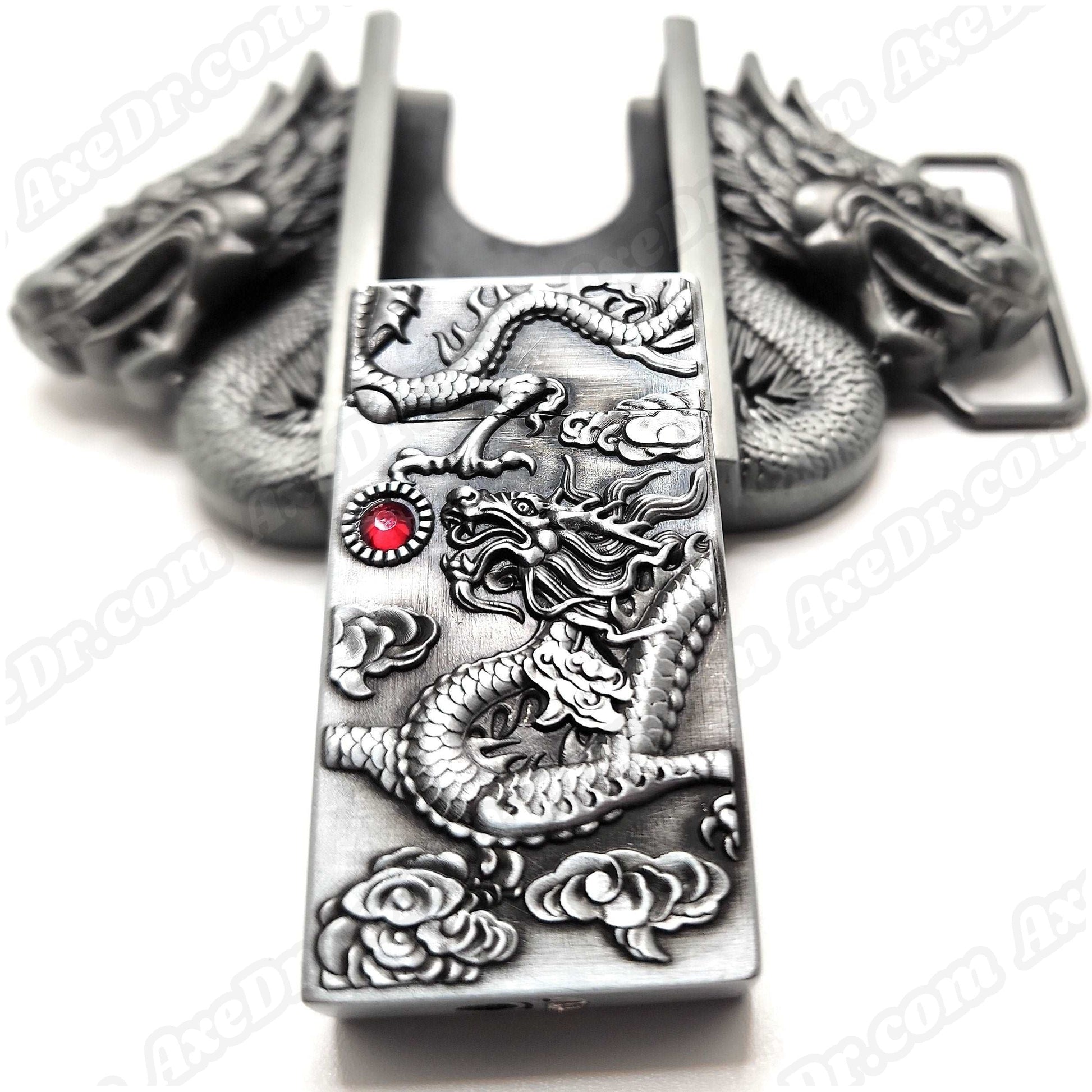 Dual Dragons Silver Lighter Belt Buckle and Genuine Leather Belt shop.AxeDr.com Buckles with Belt, Genuine Leather