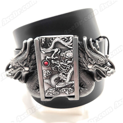 Dual Dragons Silver Lighter Belt Buckle and Genuine Leather Belt shop.AxeDr.com Buckles with Belt, Genuine Leather
