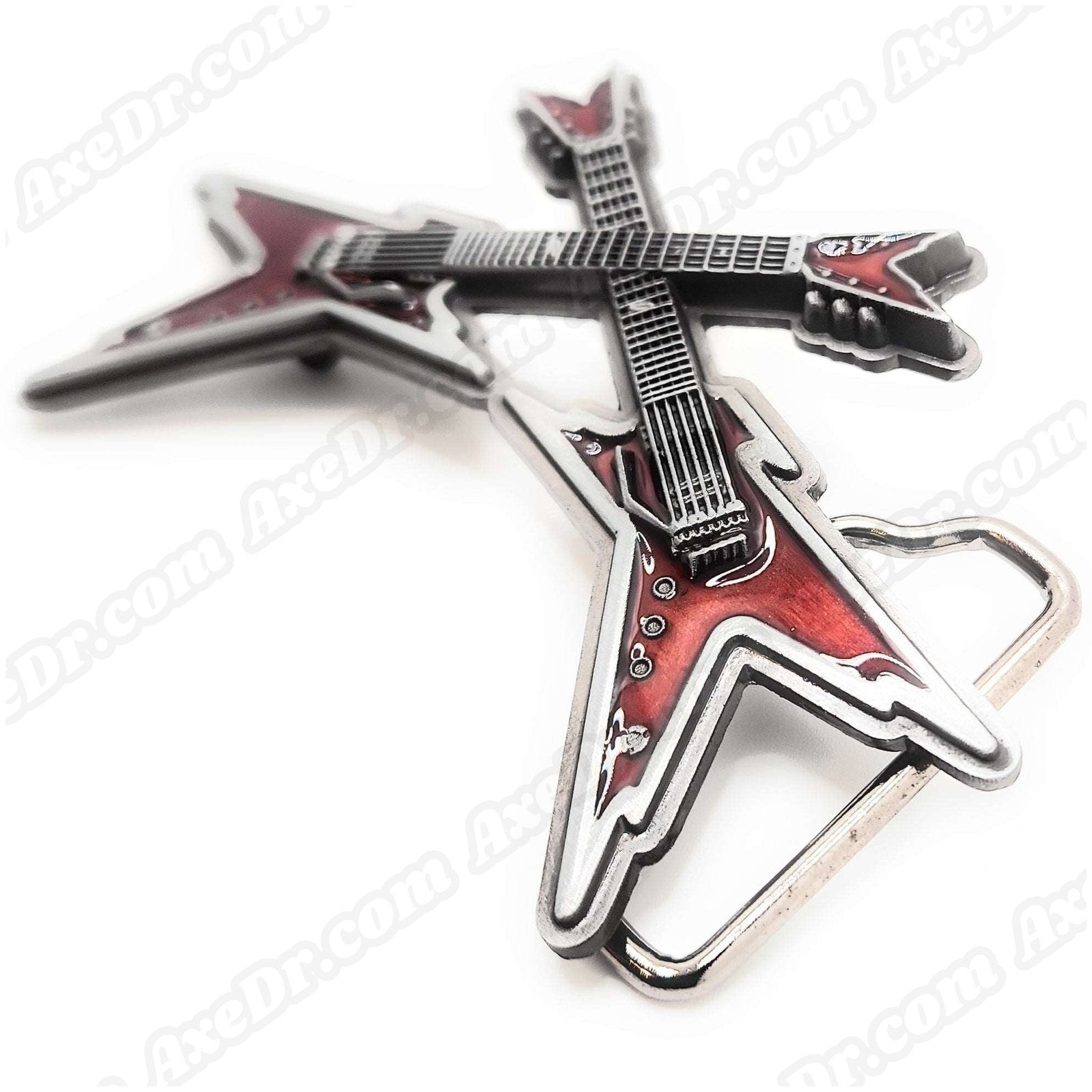 Dual Guitars Red Belt Buckle / Crossed Guitars Belt Buckle shop.AxeDr.com belt, Belt Buckle, beltbuckle, buckle, electric guitarist gift, Gifts for Guitarists, Goth belt, gui