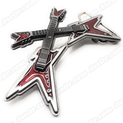 Dual Guitars Red Belt Buckle / Crossed Guitars Belt Buckle shop.AxeDr.com belt, Belt Buckle, beltbuckle, buckle, electric guitarist gift, Gifts for Guitarists, Goth belt, gui