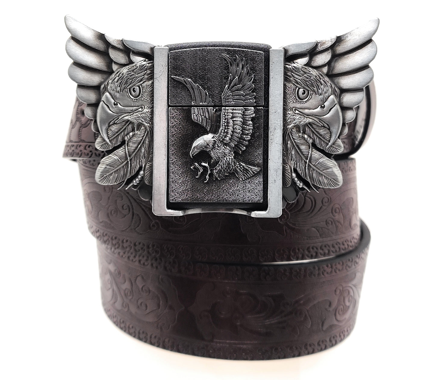Eagle Wings Lighter Belt Buckle and Dark Brown Embossed Belt – Refillable Hidden Lighter, 3D Winged Eagle Design, Trim-to-Fit Up to 46 in Belt