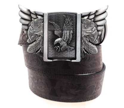 Eagle Wings Lighter Belt Buckle and Dark Brown Embossed Belt – Refillable Hidden Lighter, 3D Winged Eagle Design, Trim-to-Fit Up to 46 in Belt