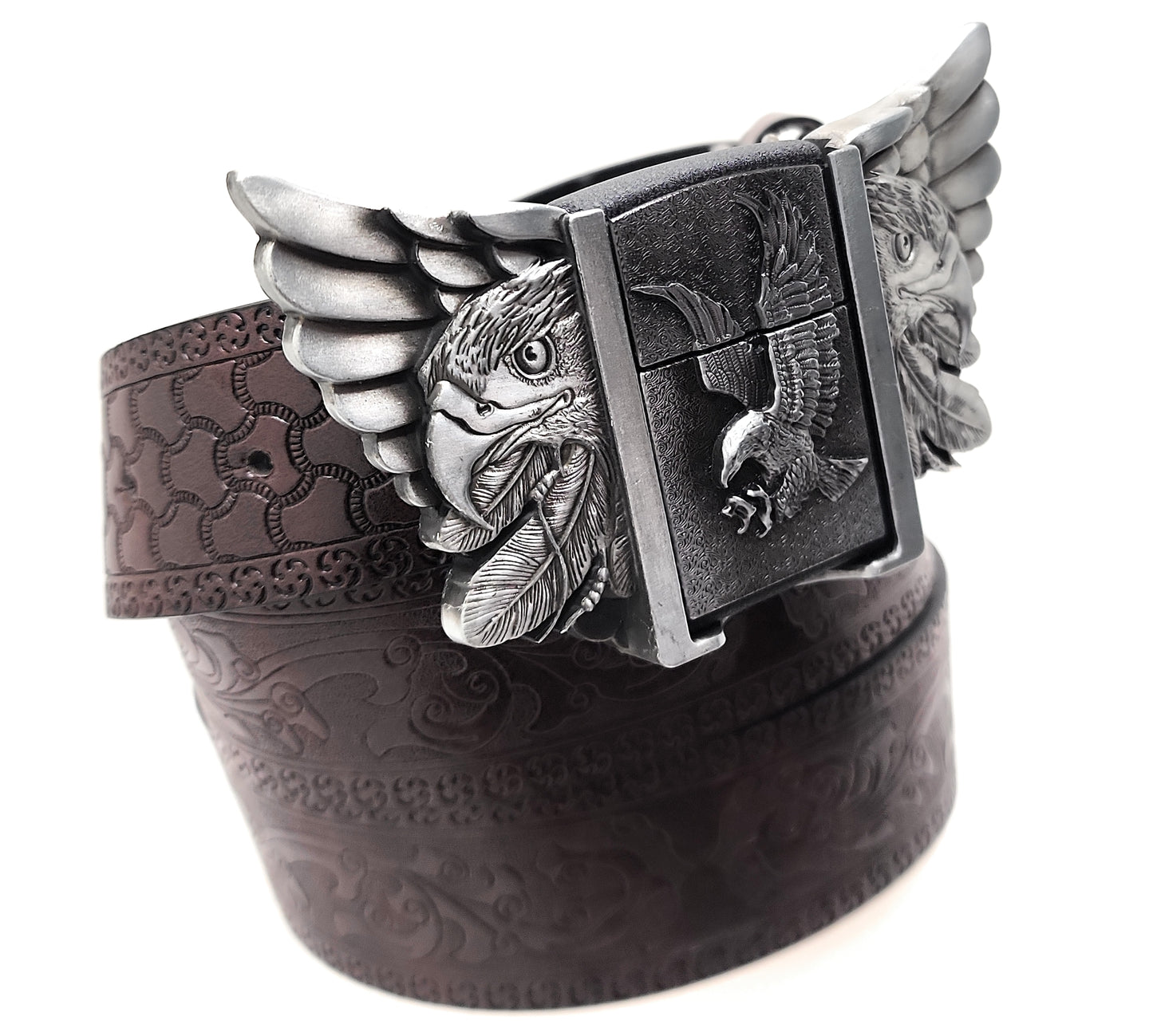 Eagle Wings Lighter Belt Buckle and Dark Brown Embossed Belt – Refillable Hidden Lighter, 3D Winged Eagle Design, Trim-to-Fit Up to 46 in Belt
