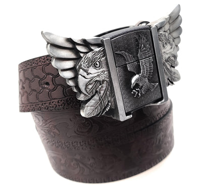 Eagle Wings Lighter Belt Buckle and Dark Brown Embossed Belt – Refillable Hidden Lighter, 3D Winged Eagle Design, Trim-to-Fit Up to 46 in Belt