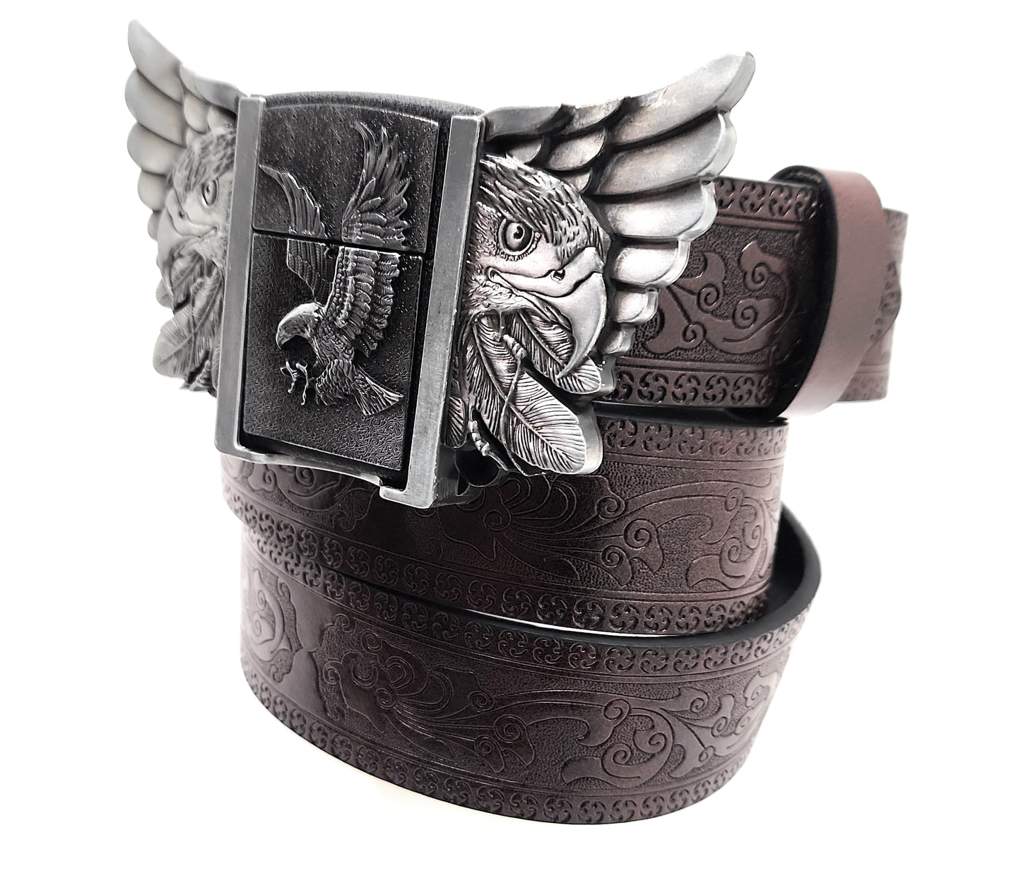 Eagle Wings Lighter Belt Buckle and Dark Brown Embossed Belt – Refillable Hidden Lighter, 3D Winged Eagle Design, Trim-to-Fit Up to 46 in Belt