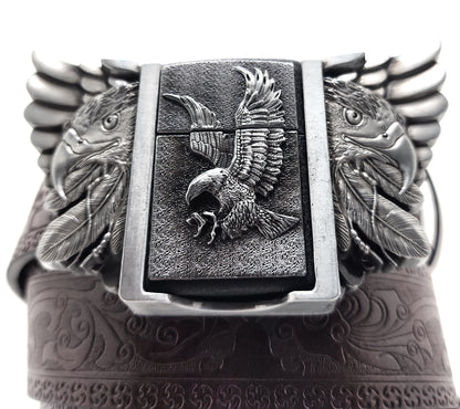 Eagle Wings Lighter Belt Buckle and Dark Brown Embossed Belt – Refillable Hidden Lighter, 3D Winged Eagle Design, Trim-to-Fit Up to 46 in Belt