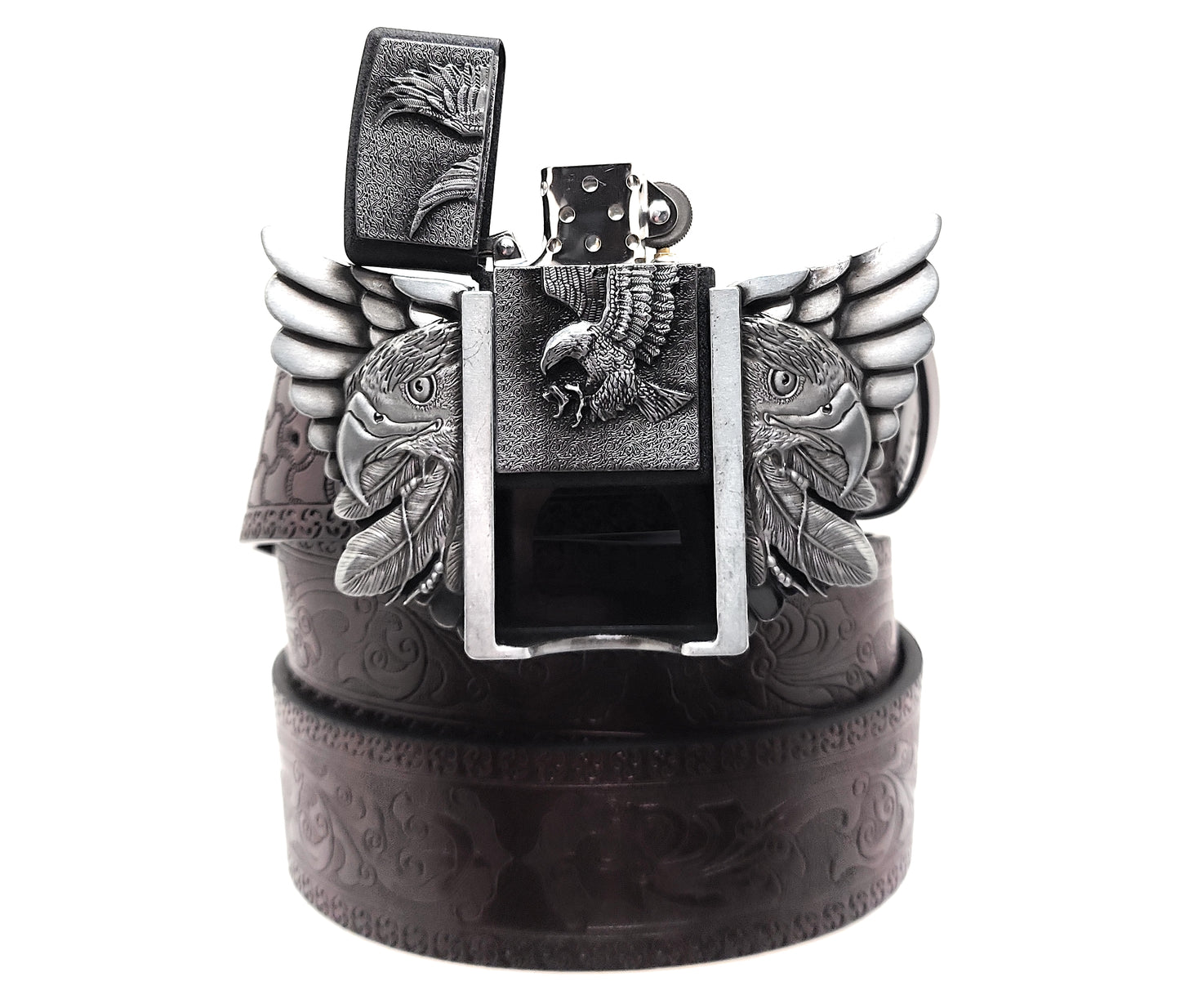 Eagle Wings Lighter Belt Buckle and Dark Brown Embossed Belt – Refillable Hidden Lighter, 3D Winged Eagle Design, Trim-to-Fit Up to 46 in Belt