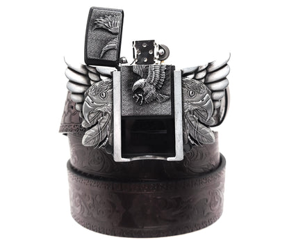 Eagle Wings Lighter Belt Buckle and Dark Brown Embossed Belt – Refillable Hidden Lighter, 3D Winged Eagle Design, Trim-to-Fit Up to 46 in Belt