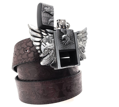 Eagle Wings Lighter Belt Buckle and Dark Brown Embossed Belt – Refillable Hidden Lighter, 3D Winged Eagle Design, Trim-to-Fit Up to 46 in Belt