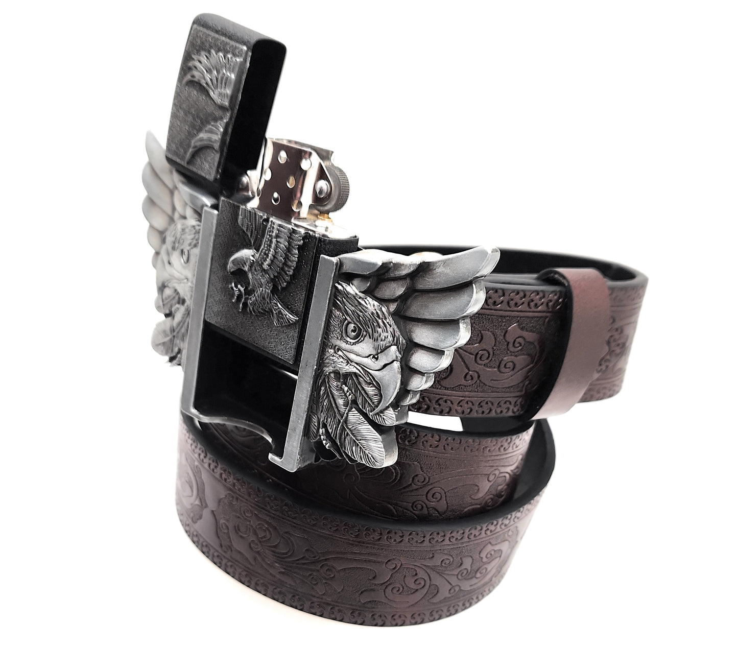 Eagle Wings Lighter Belt Buckle and Dark Brown Embossed Belt – Refillable Hidden Lighter, 3D Winged Eagle Design, Trim-to-Fit Up to 46 in Belt