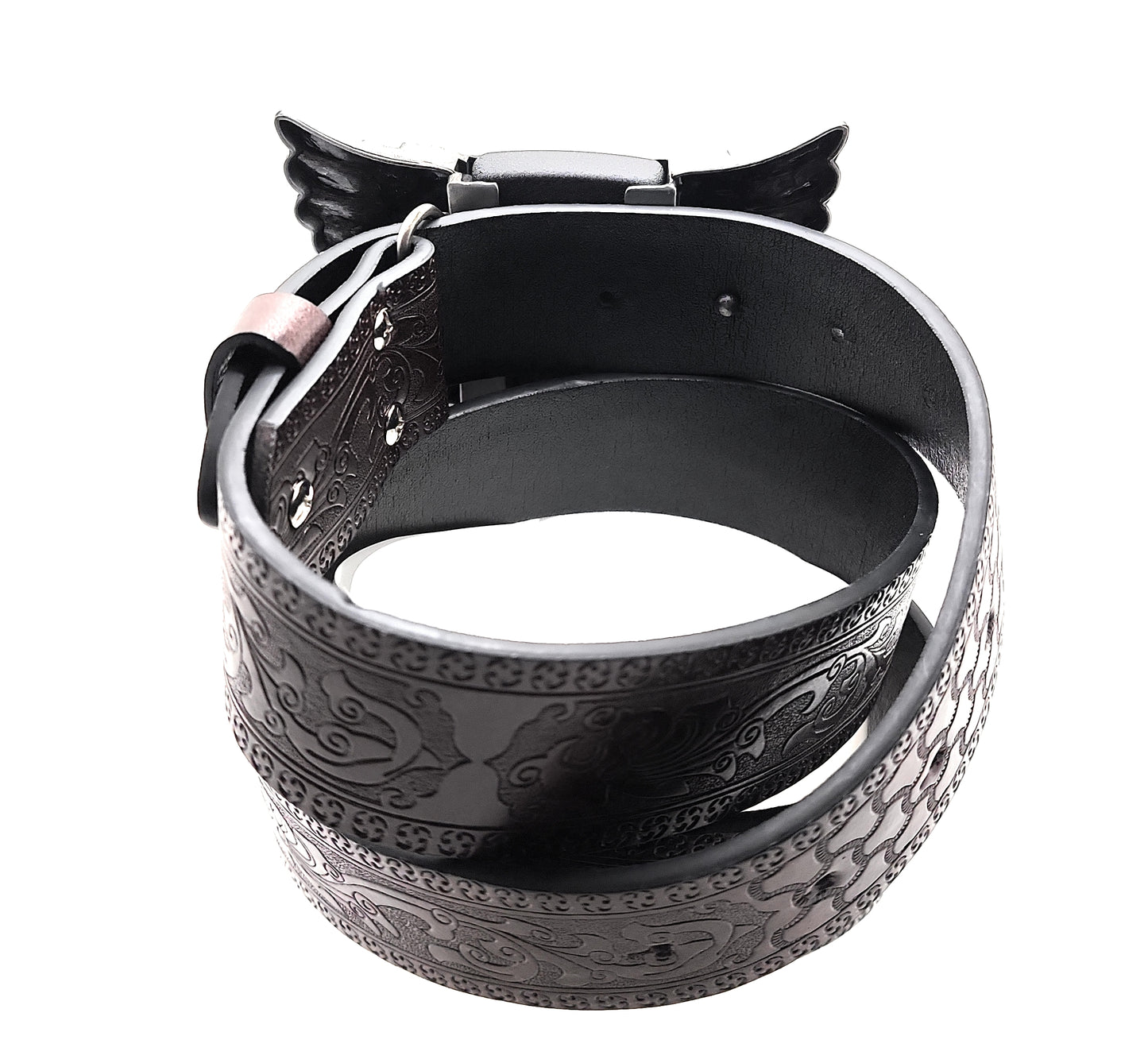 Eagle Wings Lighter Belt Buckle and Dark Brown Embossed Belt – Refillable Hidden Lighter, 3D Winged Eagle Design, Trim-to-Fit Up to 46 in Belt