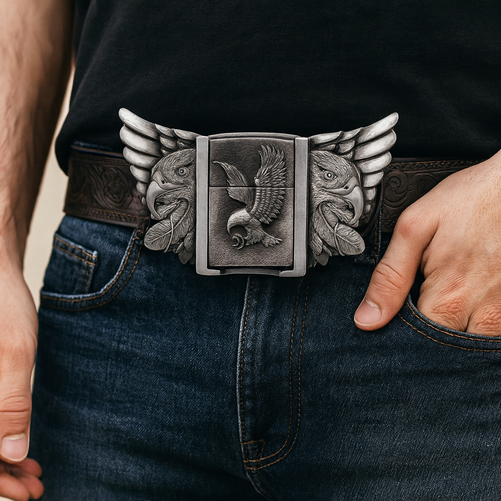 Eagle Wings Lighter Belt Buckle and Dark Brown Embossed Belt – Refillable Hidden Lighter, 3D Winged Eagle Design, Trim-to-Fit Up to 46 in Belt