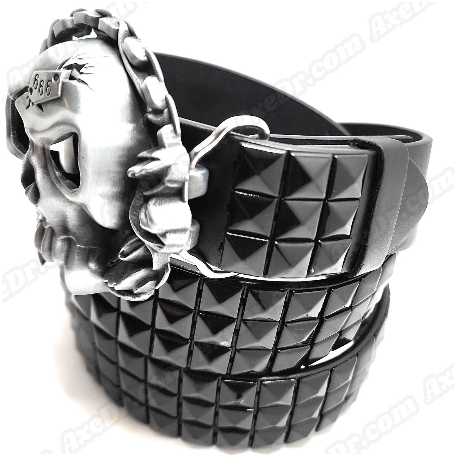 Fanged Skull Belt Buckle and Black Pyramid Studded Leather Belt shop