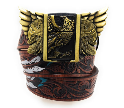 Gold Eagle Wings Lighter Belt Buckle and Painted Feather Carved-wood Belt – Refillable Hidden Lighter, Trim-to-Fit Up to 46 in Belt