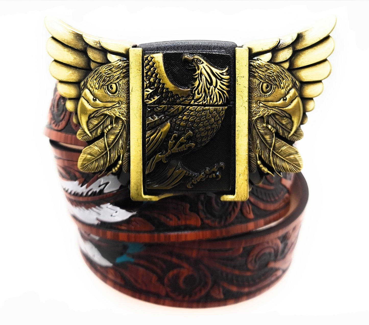 Gold Eagle Wings Lighter Belt Buckle and Painted Feather Carved-wood Belt – Refillable Hidden Lighter, Trim-to-Fit Up to 46 in Belt