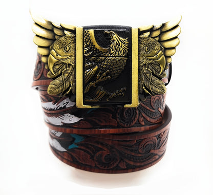 Gold Eagle Wings Lighter Belt Buckle and Painted Feather Carved-wood Belt – Refillable Hidden Lighter, Trim-to-Fit Up to 46 in Belt
