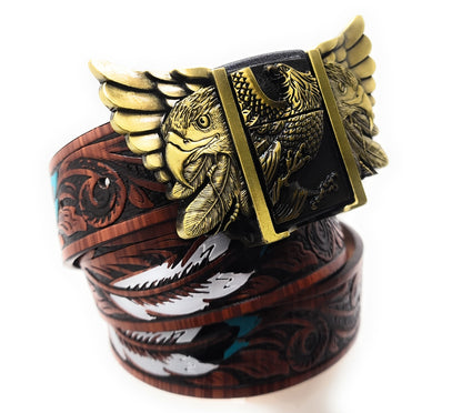 Gold Eagle Wings Lighter Belt Buckle and Painted Feather Carved-wood Belt – Refillable Hidden Lighter, Trim-to-Fit Up to 46 in Belt