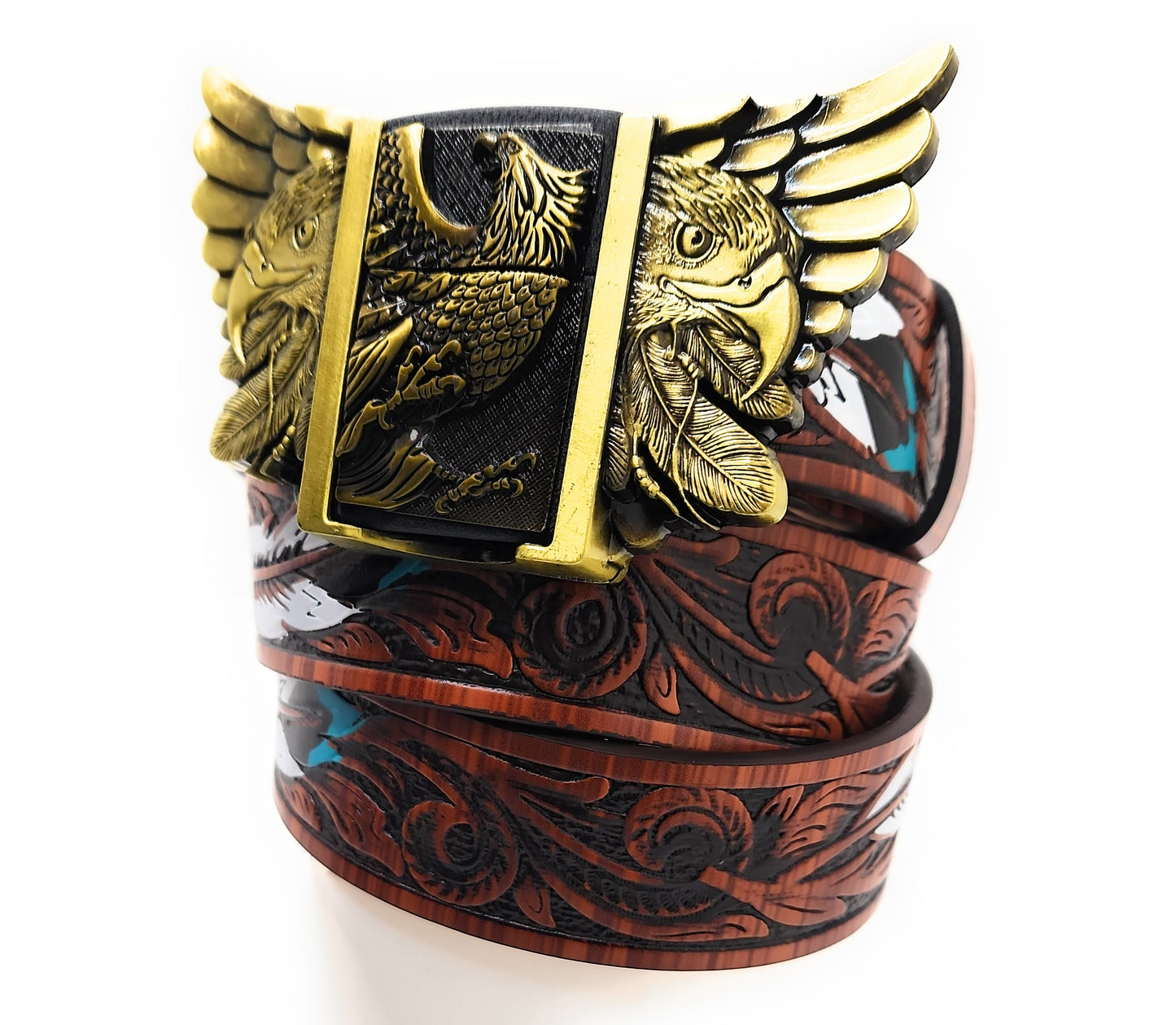Gold Eagle Wings Lighter Belt Buckle and Painted Feather Carved-wood Belt – Refillable Hidden Lighter, Trim-to-Fit Up to 46 in Belt