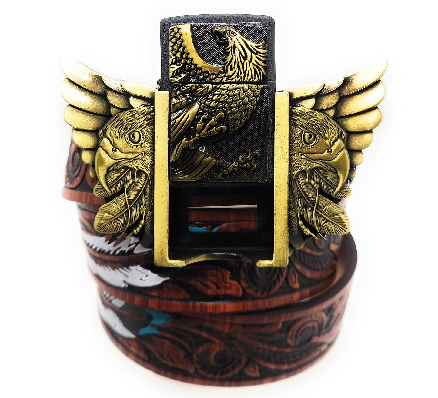 Gold Eagle Wings Lighter Belt Buckle and Painted Feather Carved-wood Belt – Refillable Hidden Lighter, Trim-to-Fit Up to 46 in Belt