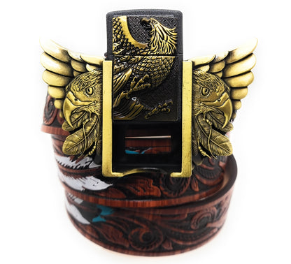 Gold Eagle Wings Lighter Belt Buckle and Painted Feather Carved-wood Belt – Refillable Hidden Lighter, Trim-to-Fit Up to 46 in Belt