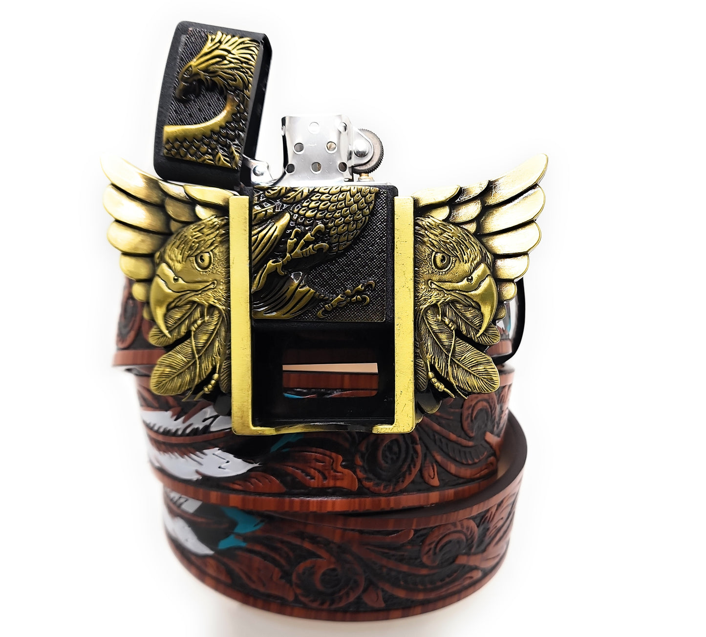 Gold Eagle Wings Lighter Belt Buckle and Painted Feather Carved-wood Belt – Refillable Hidden Lighter, Trim-to-Fit Up to 46 in Belt
