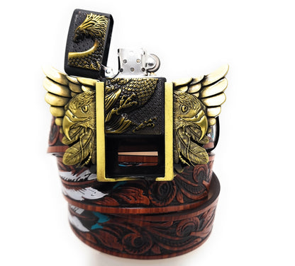 Gold Eagle Wings Lighter Belt Buckle and Painted Feather Carved-wood Belt – Refillable Hidden Lighter, Trim-to-Fit Up to 46 in Belt