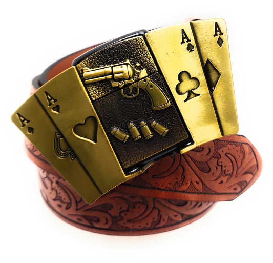Gold Revolver 4 Aces Lighter Belt - Lighter Belt Buckle and Mohagany Embossed Ornate Carved Belt