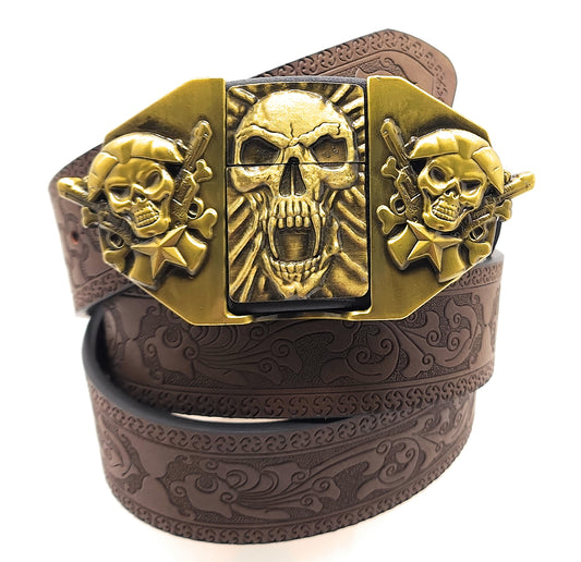 Gold Skull Fangs Grinning Skulls Lighter Belt - Lighter Belt Buckle & Mohagany Embossed Ornate Carved Belt