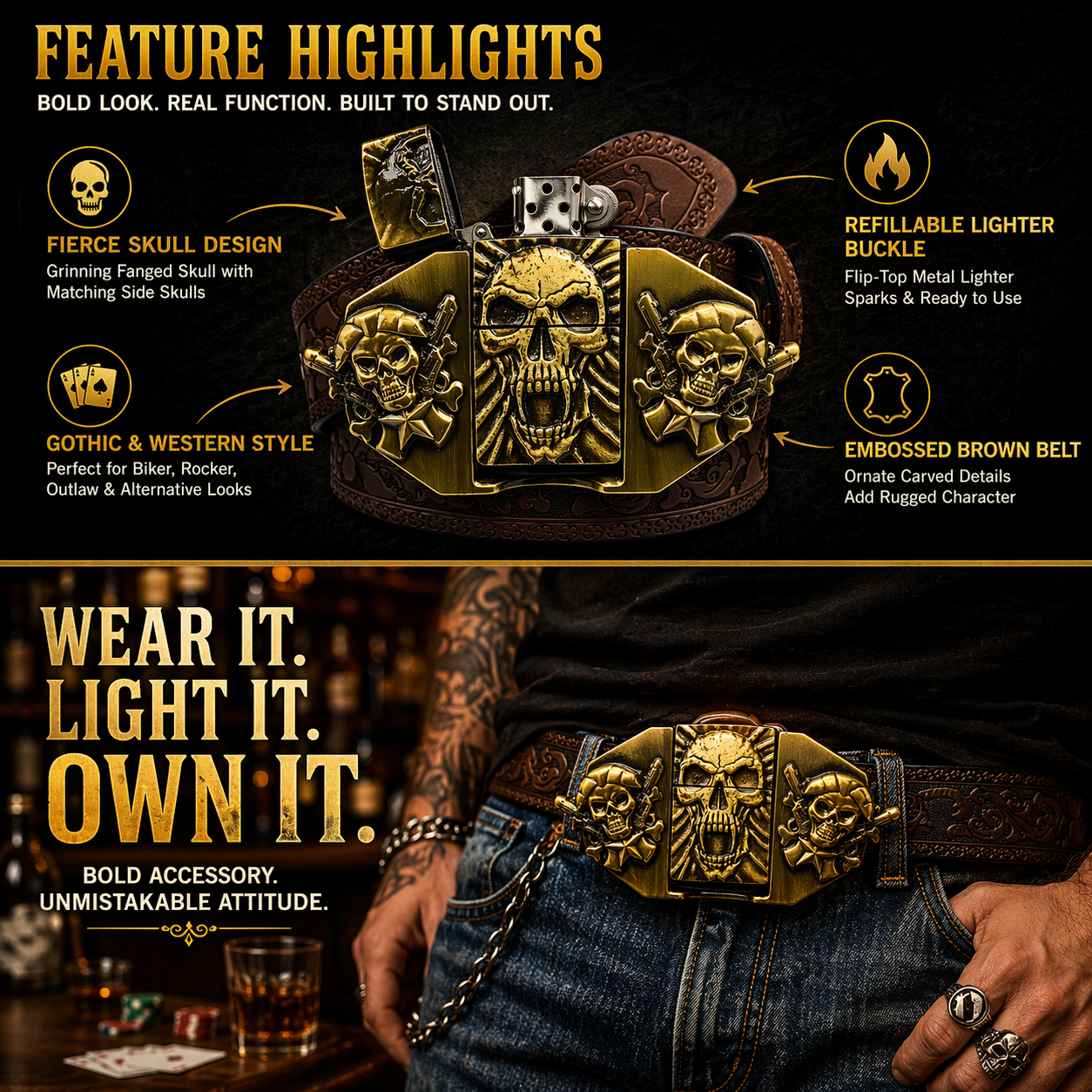 Gold Skull Fangs Grinning Skulls Lighter Belt - Lighter Belt Buckle & Mohagany Embossed Ornate Carved Belt