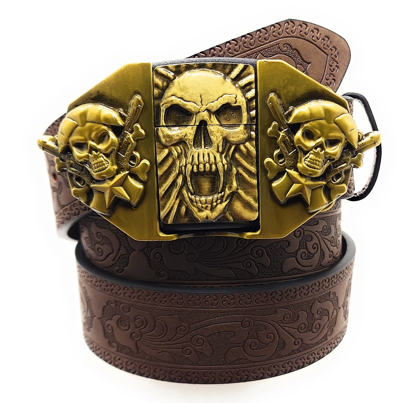 Gold Skull Fangs Grinning Skulls Lighter Belt - Lighter Belt Buckle & Mohagany Embossed Ornate Carved Belt