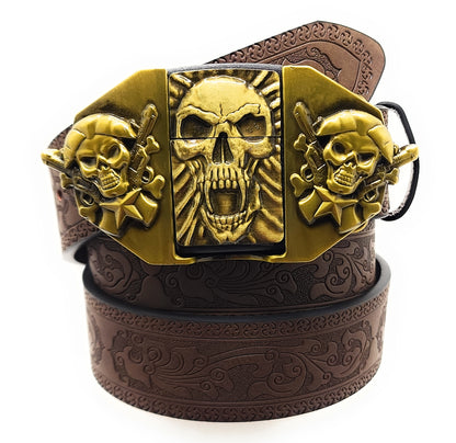 Gold Skull Fangs Grinning Skulls Lighter Belt - Lighter Belt Buckle & Mohagany Embossed Ornate Carved Belt
