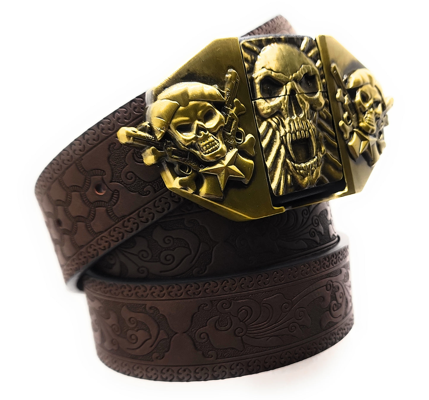 Gold Skull Fangs Grinning Skulls Lighter Belt - Lighter Belt Buckle & Mohagany Embossed Ornate Carved Belt